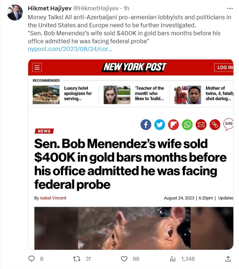 News about - All pro-Armenian lobbyists, politicians in US and Europe need to be further investigated: Azerbaijani presidential aide 