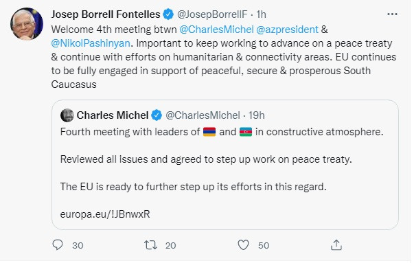 News about - EU’s Borrell welcomes next meeting of Azerbaijani, Armenian leaders in Brussels