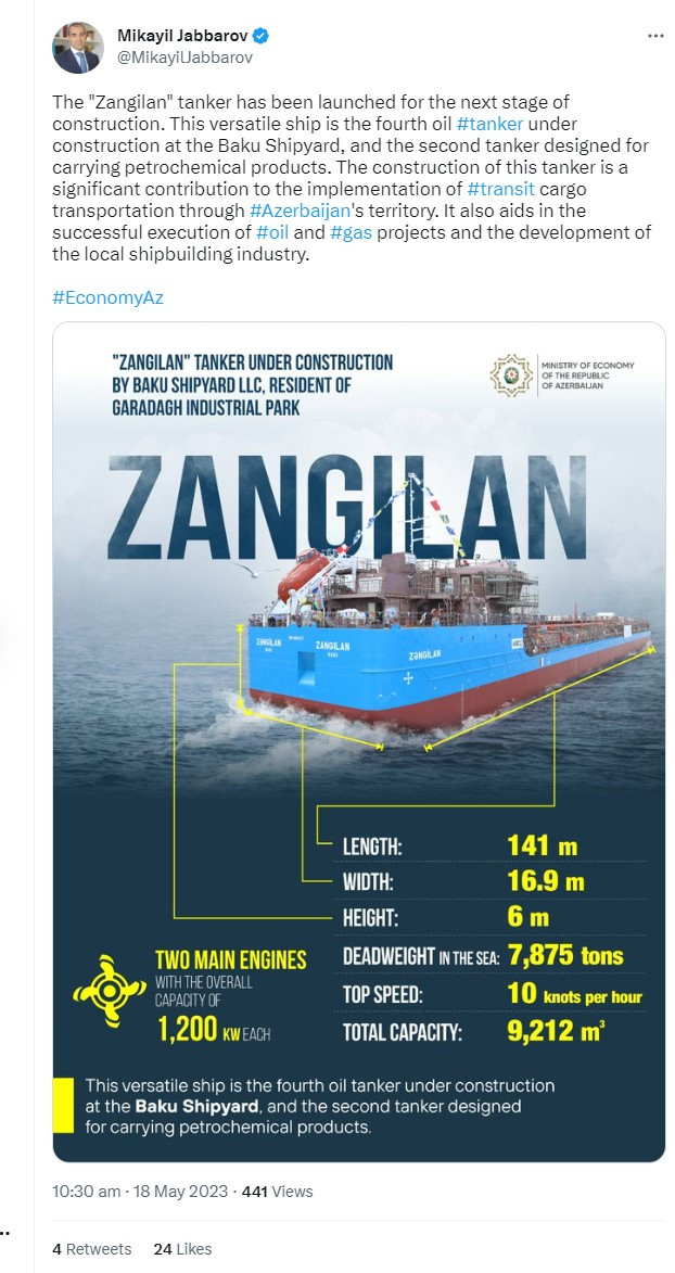 News about - Construction of Zangilan tanker aids in successful execution of oil and gas projects: Azerbaijani minister