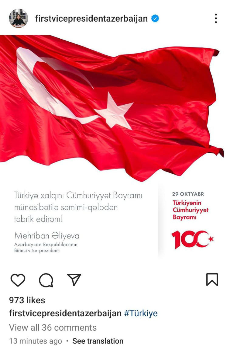 News about - Azerbaijan’s First Vice-President Mehriban Aliyeva makes post on Republic Day of Türkiye