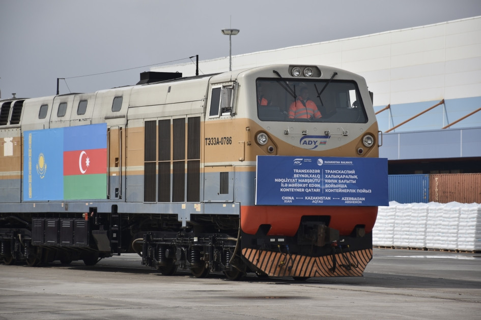 News about - Presidents of Azerbaijan and Kazakhstan watch ceremony marking arrival of container train from China's Xi'an terminal to Baku's Absheron station via a video link