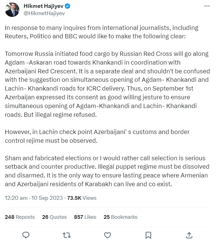 News about - Azerbaijani presidential aide clarifies issues regarding Russia’s food deliveries to Armenians in Karabakh