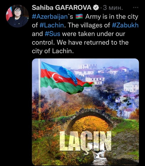 News about - Azerbaijani parliament speaker makes Twitter post on Azerbaijani Army’s stationing in Lachin city