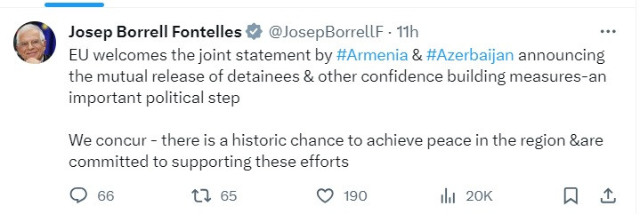 News about - EU’s Borrell calls Azerbaijan-Armenia agreement ‘important political step’
