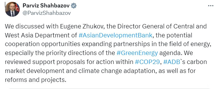 194816-0581884.jpg + Azerbaijan, Asian Development Bank mull priority directions of green energy agenda News about - Azerbaijan, Asian Development Bank mull priority directions of green energy agenda