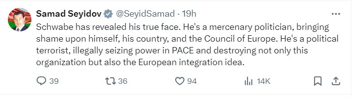 News about - Schwabe is political terrorist, illegally seizing power in PACE, says Azerbaijani MP