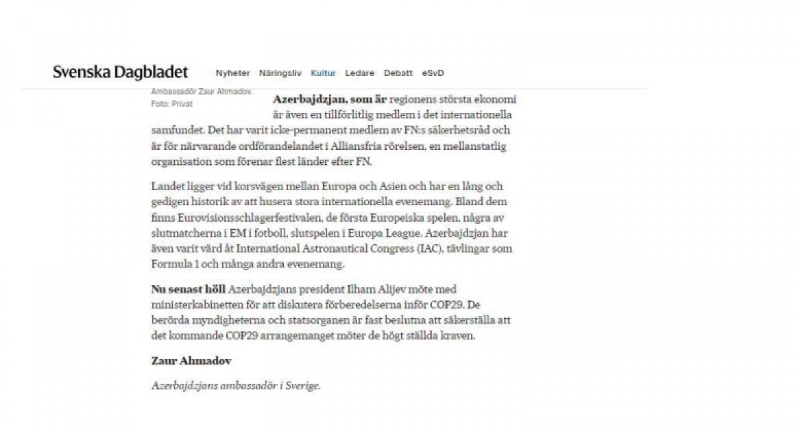 News about - Swedish newspaper publishes article by Azerbaijani ambassador