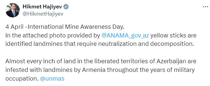 News about - Almost every inch of Azerbaijani territories liberated from Armenian occupation infested with landmines: Presidential aide 