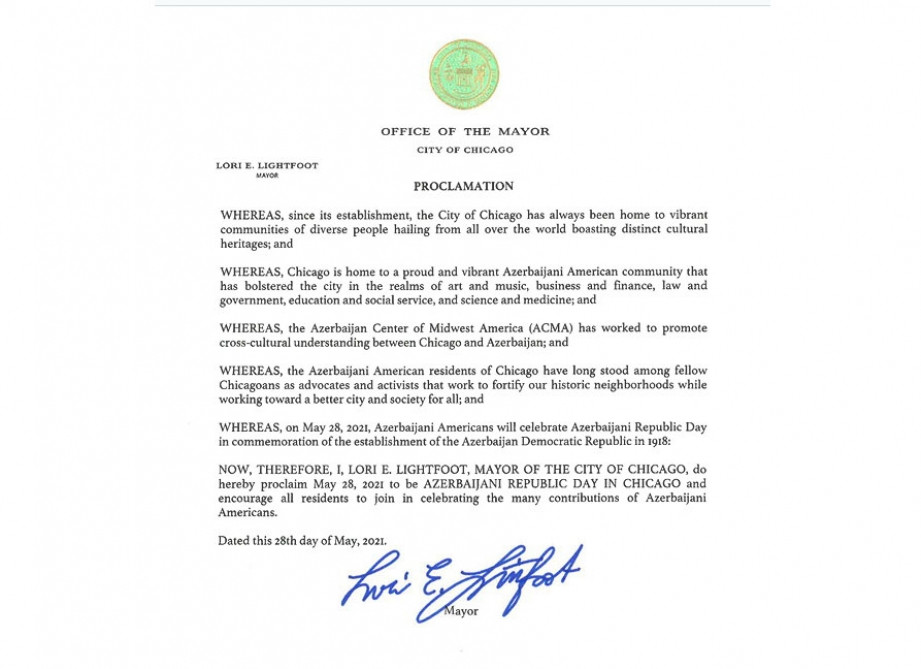 News about - May 28 proclaimed as Azerbaijani Republic Day in Chicago