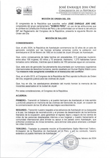 News about - Peruvian Congress adopts statement on 32nd anniversary of Khojaly genocide 