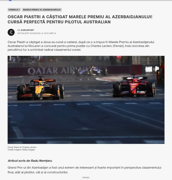 Romanian media highlights Formula 1 Azerbaijan Grand Prix 