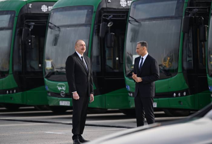Azerbaijan's president reviews operations of Zigh Electric Bus Depot