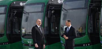 Azerbaijan's president reviews operations of Zigh Electric Bus Depot
