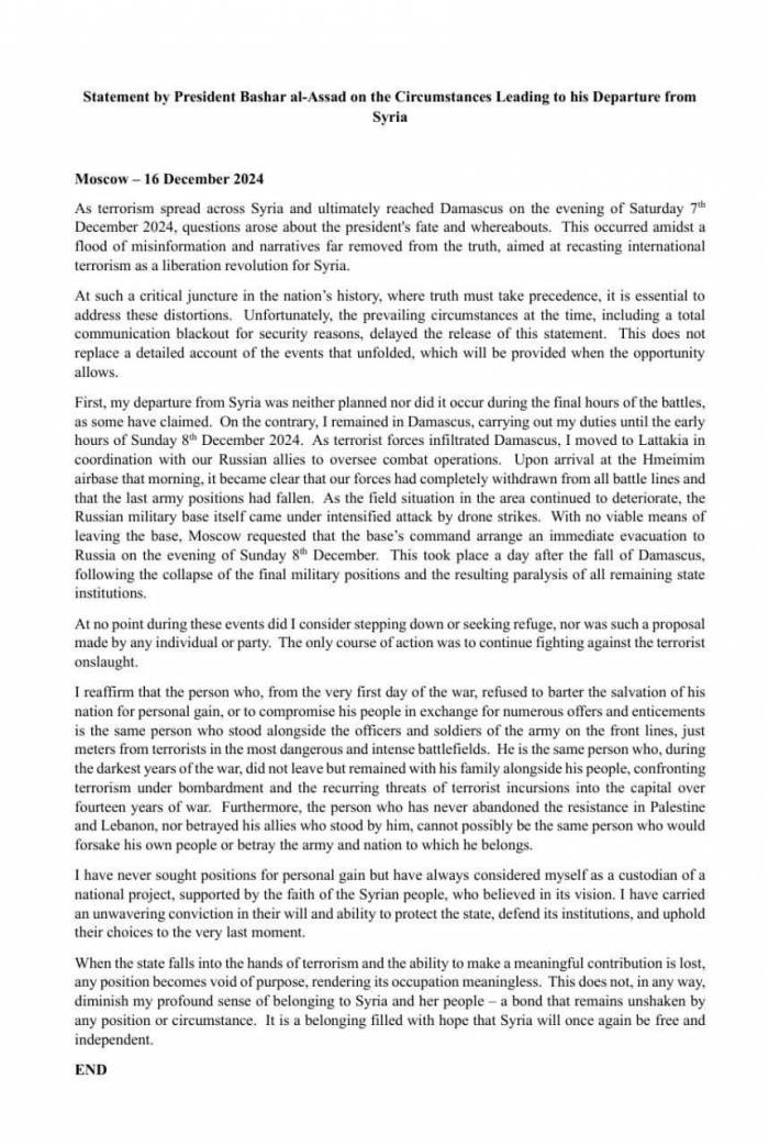 News about - Bashar Assad issued statement: I had no plan to leave the country