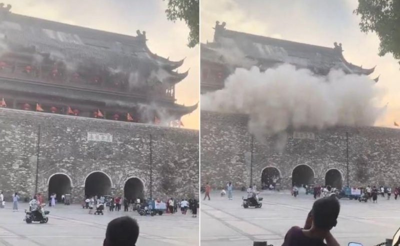 600-year-old Chinese tower partially collapses, startles tourists -  VIDEO 