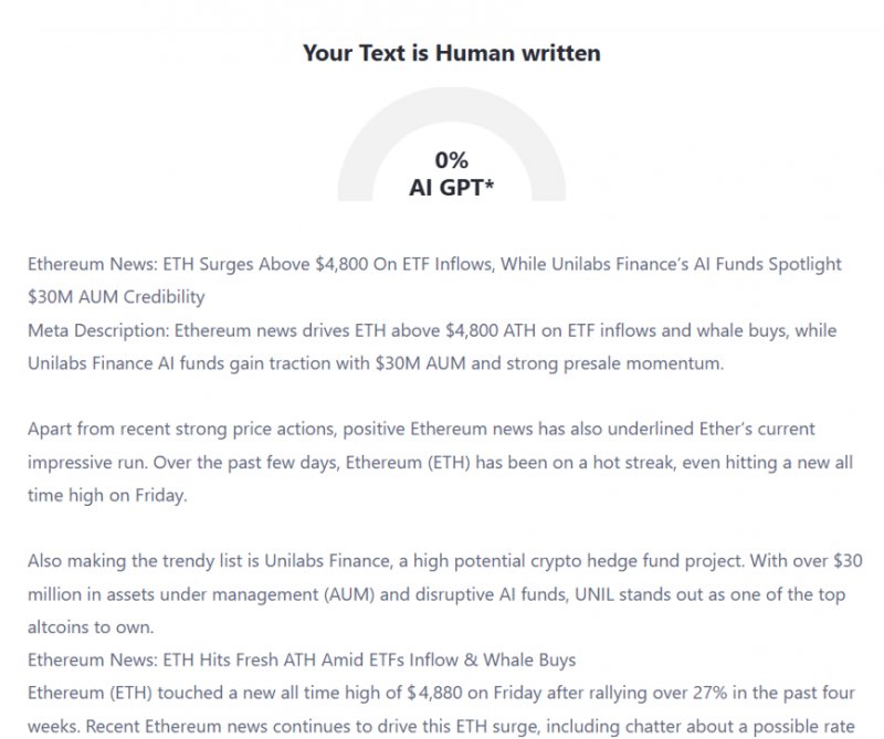 News about - Ethereum news: ETH surges above $4,800 on ETF inflows, while Unilabs Finance’s AI funds spotlight $30m AUM credibility