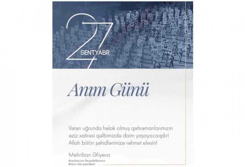 2025/09/1758951429.jpg + First VP Mehriban Aliyeva shares post on 27 September - Remembrance Day - PHOTO News about - First VP Mehriban Aliyeva shares post on 27 September - Remembrance Day - PHOTO
