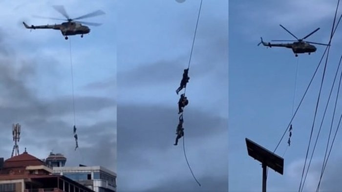 Nepal ministers cling to army helicopter ropes to escape protesters -  VIDEO 
