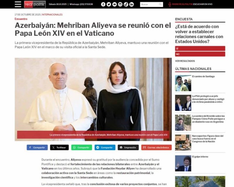 Mehriban Aliyeva's Vatican visit grabs global media attention