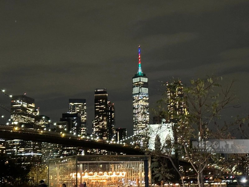 New York landmarks illuminated with Azerbaijani flag colors for Victory Day