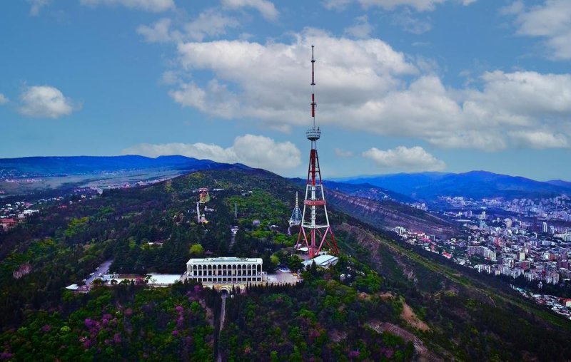 Tbilisi TV Tower illuminated in colors of Azerbaijani flag
