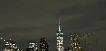 New York landmarks illuminated with Azerbaijani flag colors for Victory Day