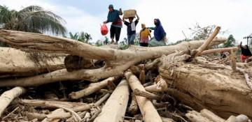 Indonesians navigate over logs to access flood relief center