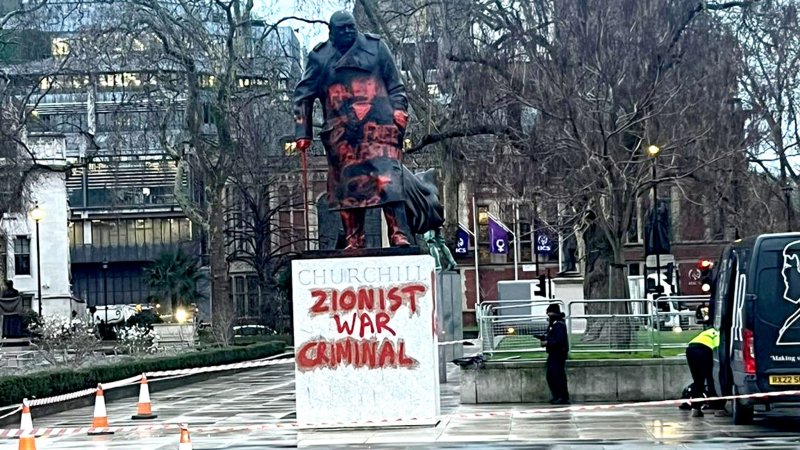 Churchill statue in London defaced with graffiti