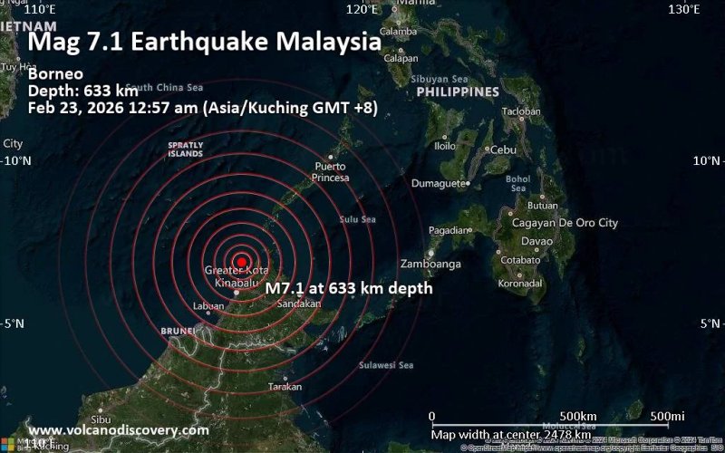 Very strong earthquake of magnitude 7.1 just reported 63 km west of Kudat, Malaysia 