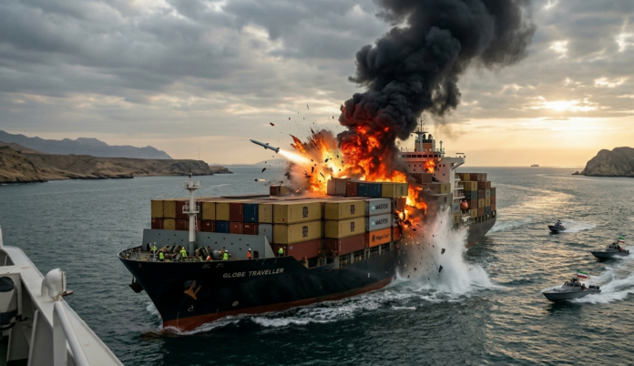 Cargo vessel hit by projectile in Strait of Hormuz, fire reported onboard 