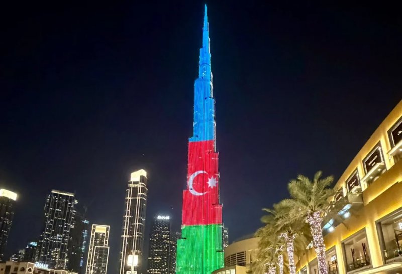 Dubai's Burj Khalifa lights up in Azerbaijani flag colors