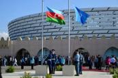 WUF13 flags of Azerbaijan and the UN lowered