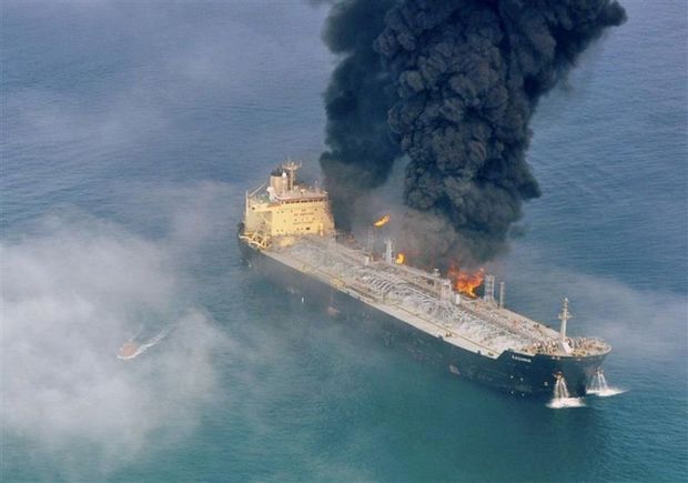Cargo ship on fire in Caspian Sea, helicopter involved in fire-fighting