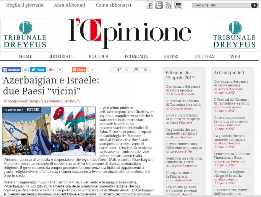 L'Opinione hails Azerbaijani multiculturalism