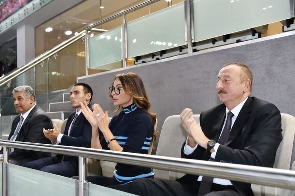 Ilham Aliyev, his spouse watching Azerbaijan-Germany volleyball match