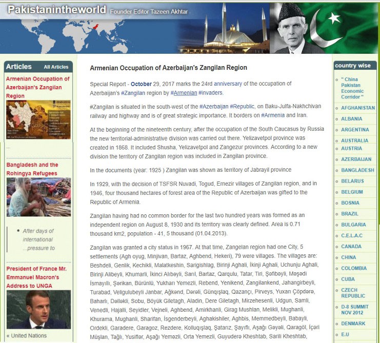 “Pakistan in the World” writes about Armenian occupation of Azerbaijan`s Zangilan region