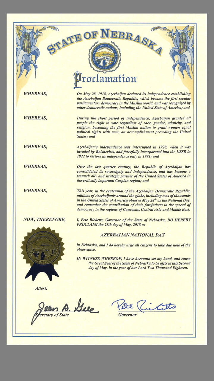 28 May declared as the National Day of Azerbaijan in Nebraska 