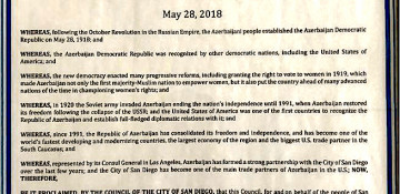 San Diego proclaims May 28 as “100th Anniversary of the Azerbaijan Democratic Republic Day”