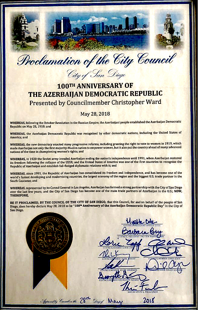 San Diego proclaims May 28 as “100th Anniversary of the Azerbaijan Democratic Republic Day”