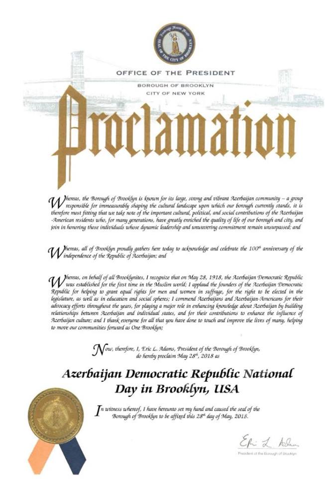 Borough of Brooklyn proclaims May 28 as ‘Azerbaijan National Day’