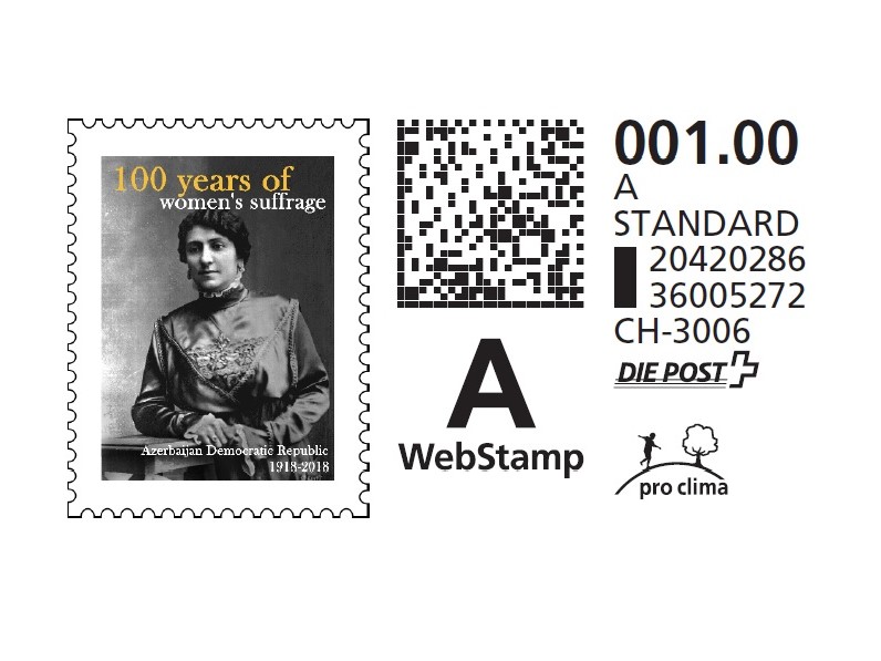 Postage stamp issued in Switzerland on 100th anniversary of granting voting right to Azerbaijani women