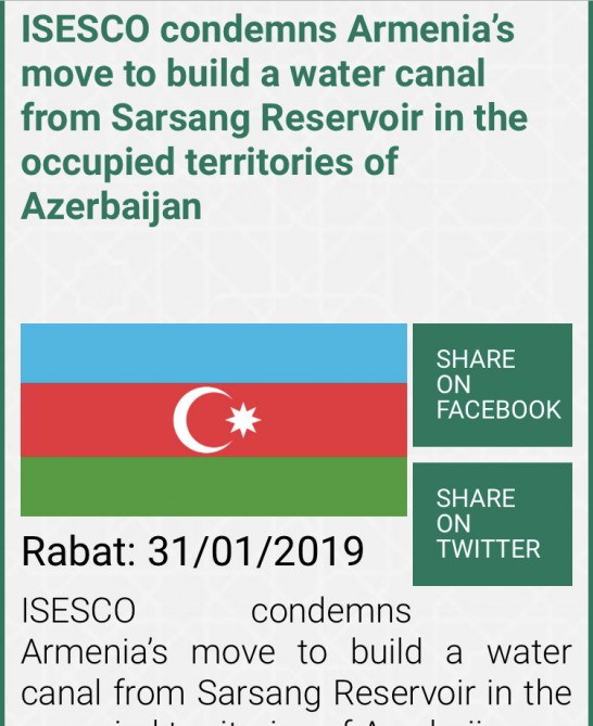 ISESCO condemns Armenia’s move to build a water canal in occupied territories of Azerbaijan