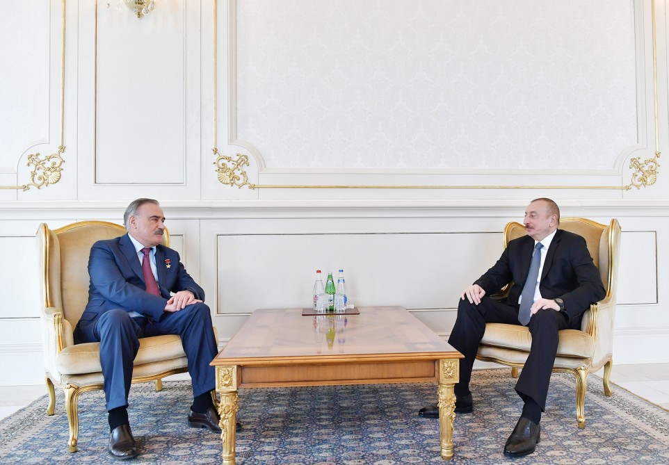 President Ilham Aliyev receives Hero of the Soviet Union Ruslan Aushev