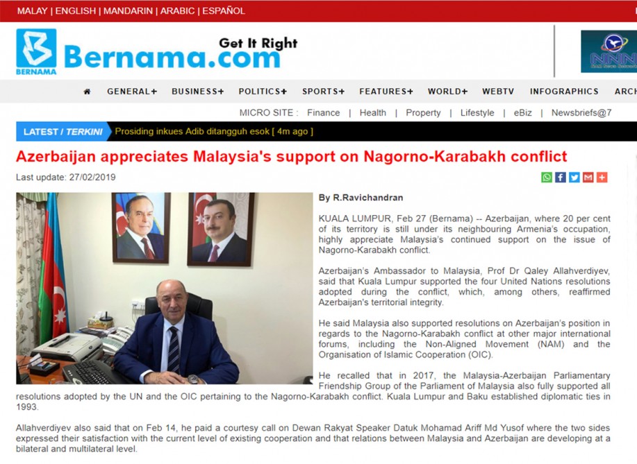 Ambassador: Azerbaijan appreciates Malaysia's support on Nagorno-Karabakh conflict