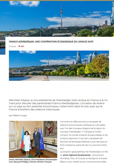 French portal highlights Azerbaijani First VP Mehriban Aliyeva’s visit to France