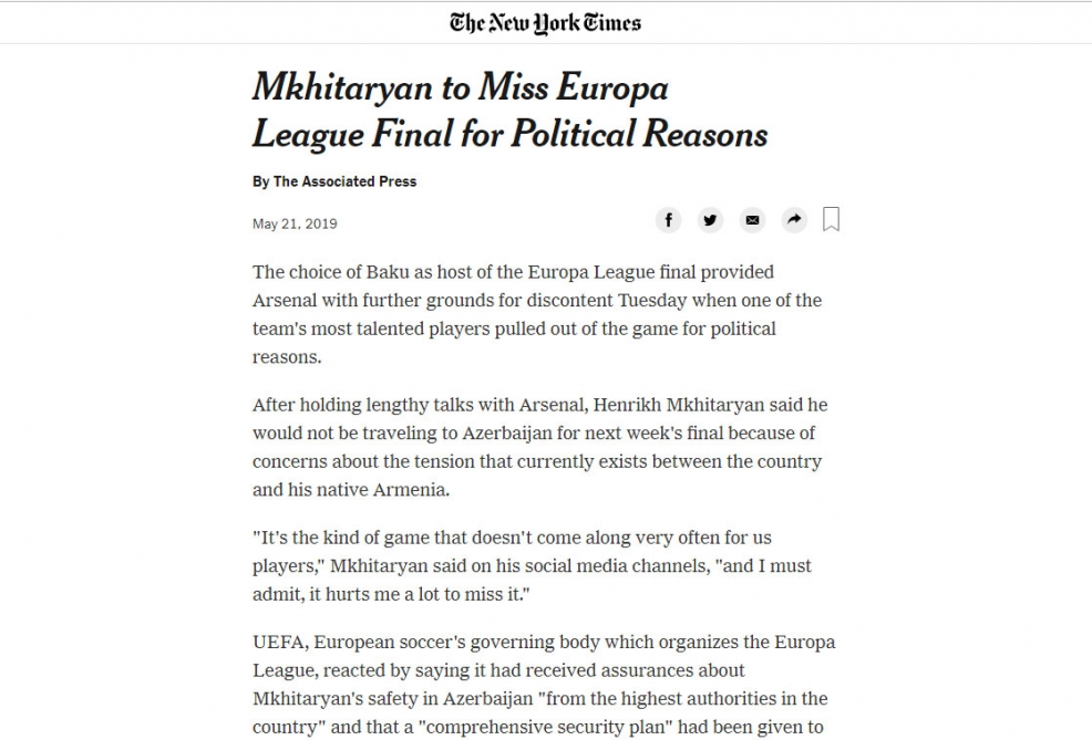 The Associated Press publishes article on UEFA Europa League Baku final