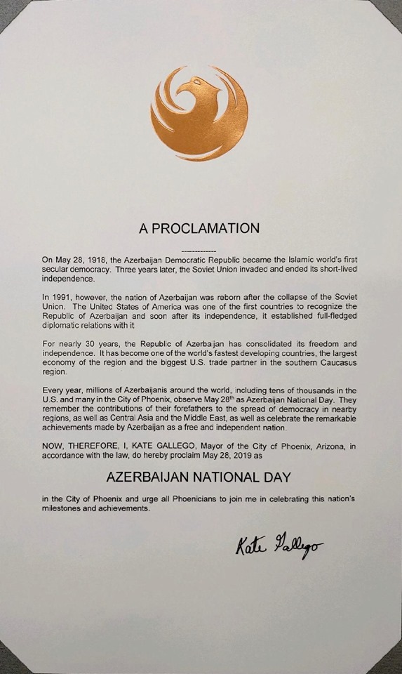 U.S. City of Phoenix proclaims May 28 as ‘Azerbaijan National Day’