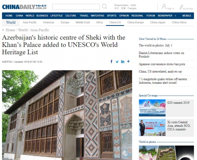 China Daily highlights inscription of Sheki with Khan’s Palace on UNESCO's World Heritage List