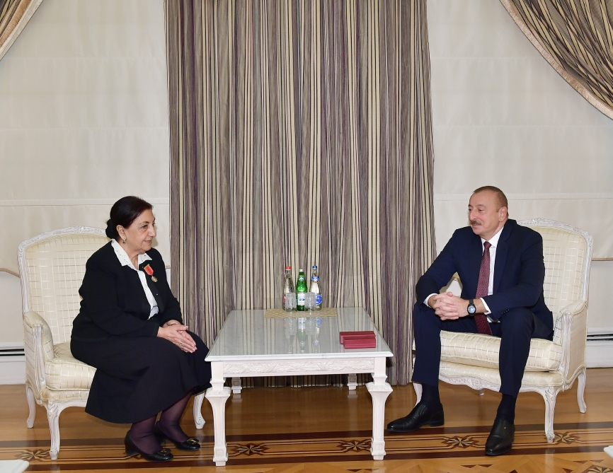 President Ilham Aliyev presents “Sharaf” Order to Dilara Seyidzade
