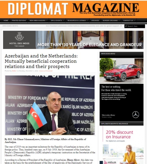 Diplomat Magazine publishes article by Azerbaijan`s FM